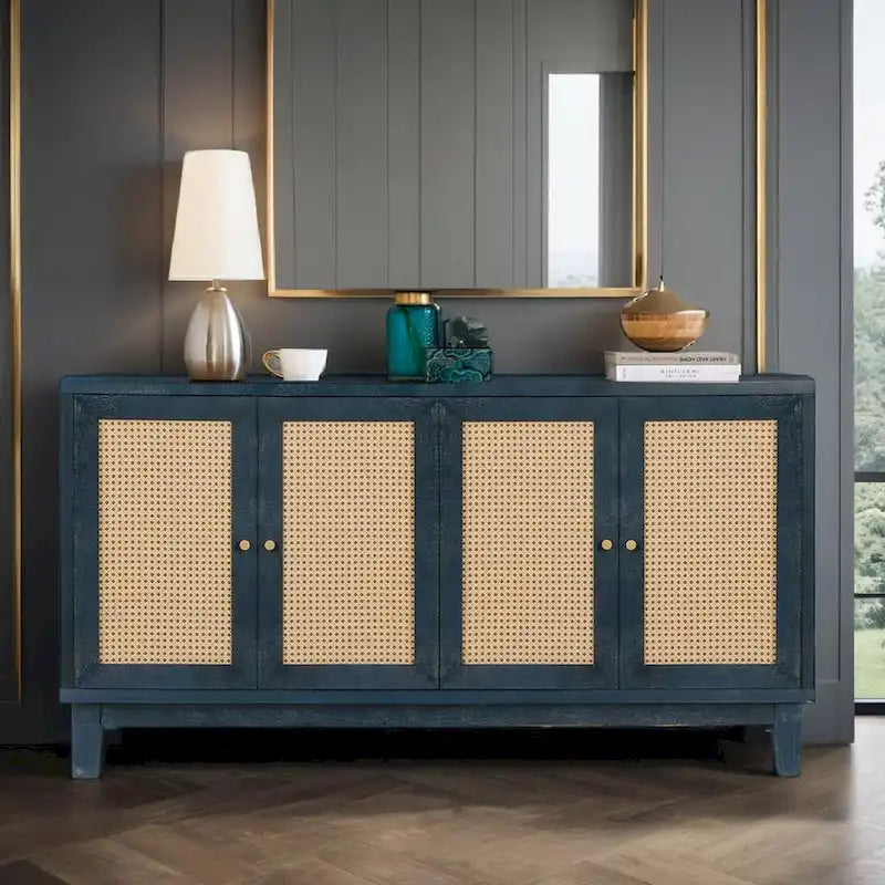 Panneaux en grain de bois fabriqués à la main, buffet en rotin, meuble de rangement décoratif avec 4 portes en rotin