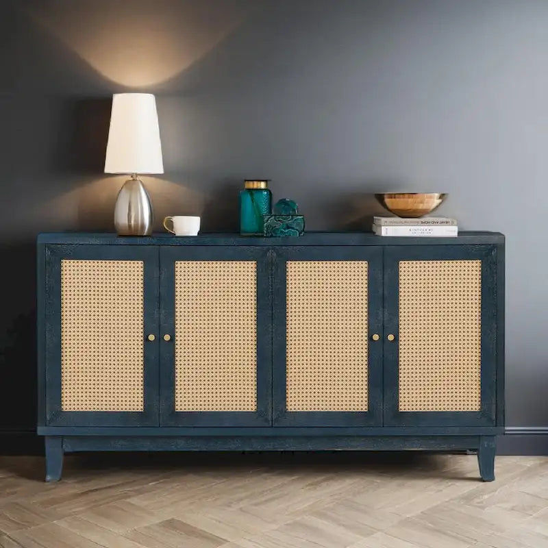 Panneaux en grain de bois fabriqués à la main, buffet en rotin, meuble de rangement décoratif avec 4 portes en rotin