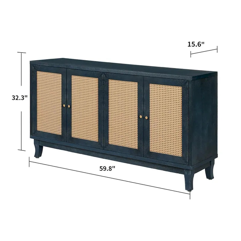 Panneaux en grain de bois fabriqués à la main, buffet en rotin, meuble de rangement décoratif avec 4 portes en rotin