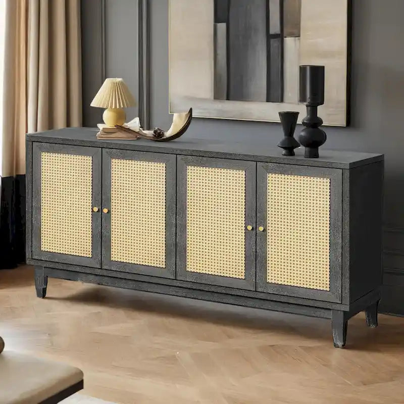 Panneaux en grain de bois fabriqués à la main, buffet en rotin, meuble de rangement décoratif avec 4 portes en rotin