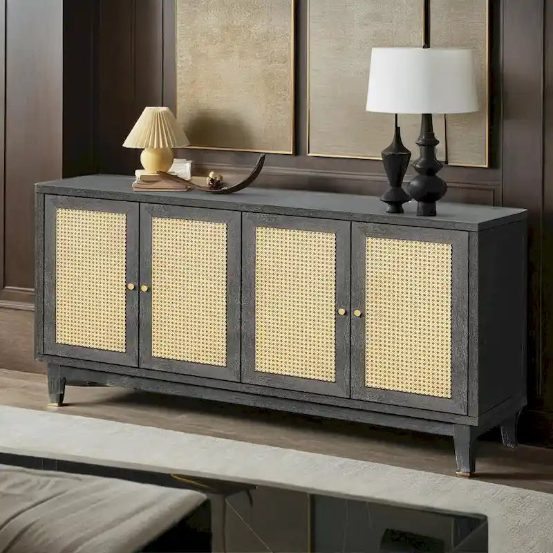 Panneaux en grain de bois fabriqués à la main, buffet en rotin, meuble de rangement décoratif avec 4 portes en rotin