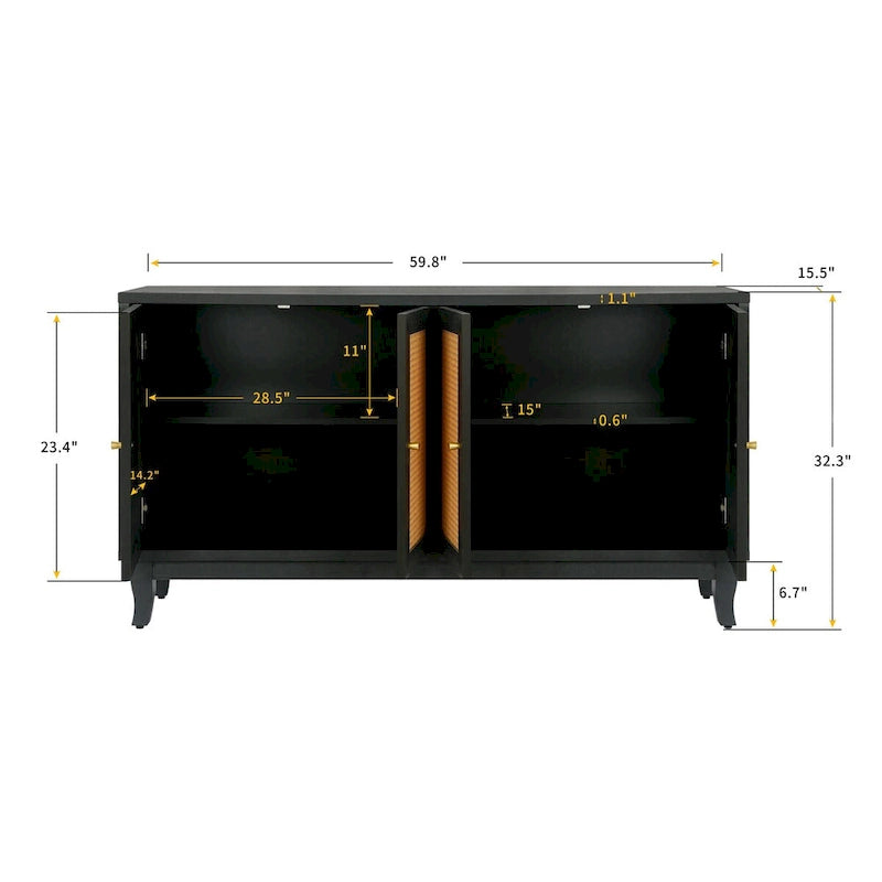 Panneaux en grain de bois fabriqués à la main, buffet en rotin, meuble de rangement décoratif avec 4 portes en rotin