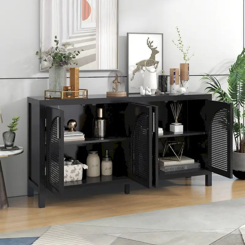 Buffet avec porte en rotin synthétique et poignées en métal pour salon et entrée