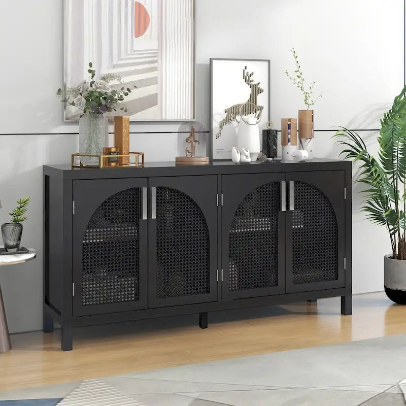 Buffet avec porte en rotin synthétique et poignées en métal pour salon et entrée