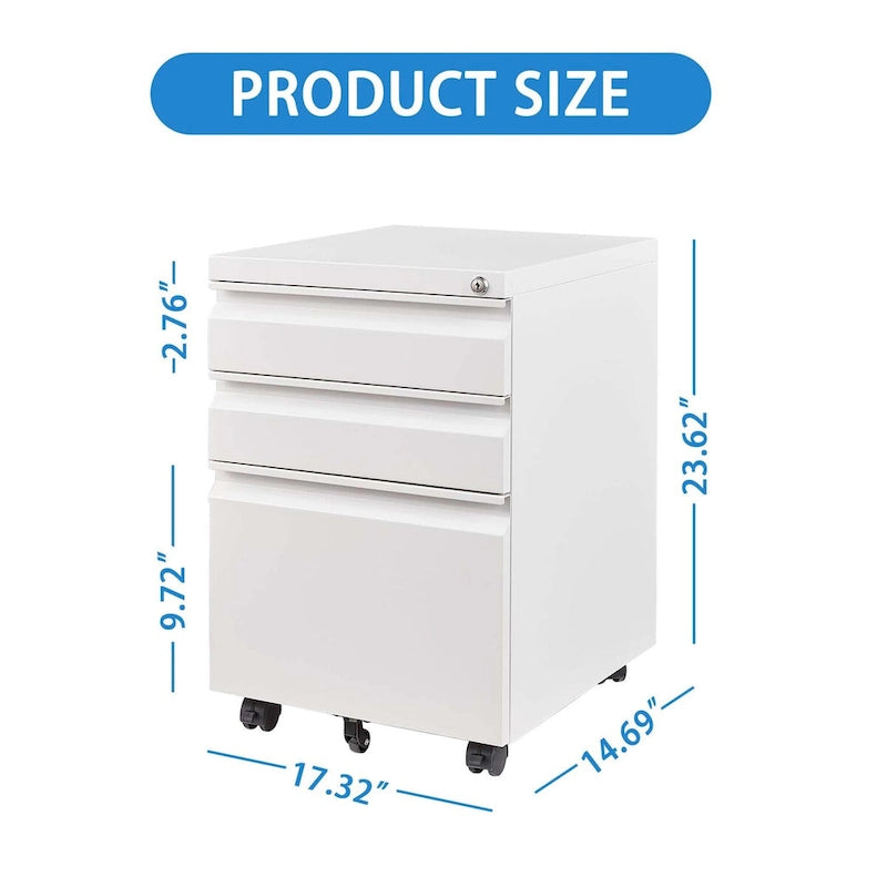 Caisson de bureau mobile 3 tiroirs avec serrure, classeur métallique pour organisation de bureau à domicile, format lettre/légal/A4, entièrement assemblé