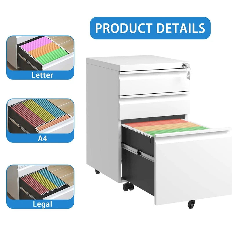 Caisson de bureau mobile 3 tiroirs avec serrure, classeur métallique pour organisation de bureau à domicile, format lettre/légal/A4, entièrement assemblé