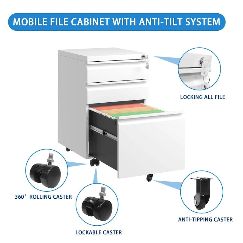 Caisson de bureau mobile 3 tiroirs avec serrure, classeur métallique pour organisation de bureau à domicile, format lettre/légal/A4, entièrement assemblé