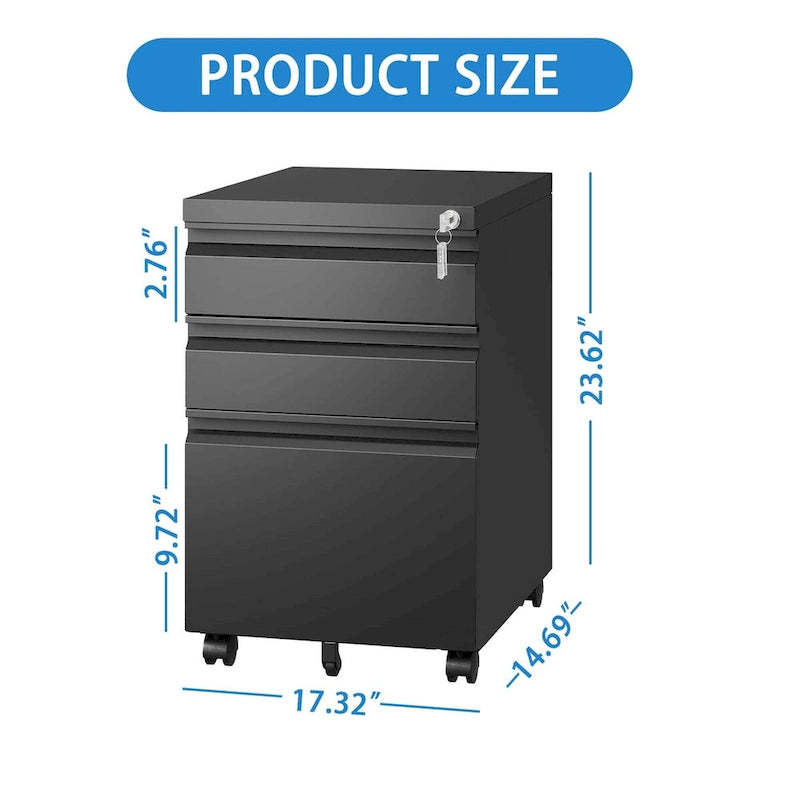 Caisson de bureau mobile 3 tiroirs avec serrure, classeur métallique pour organisation de bureau à domicile, format lettre/légal/A4, entièrement assemblé