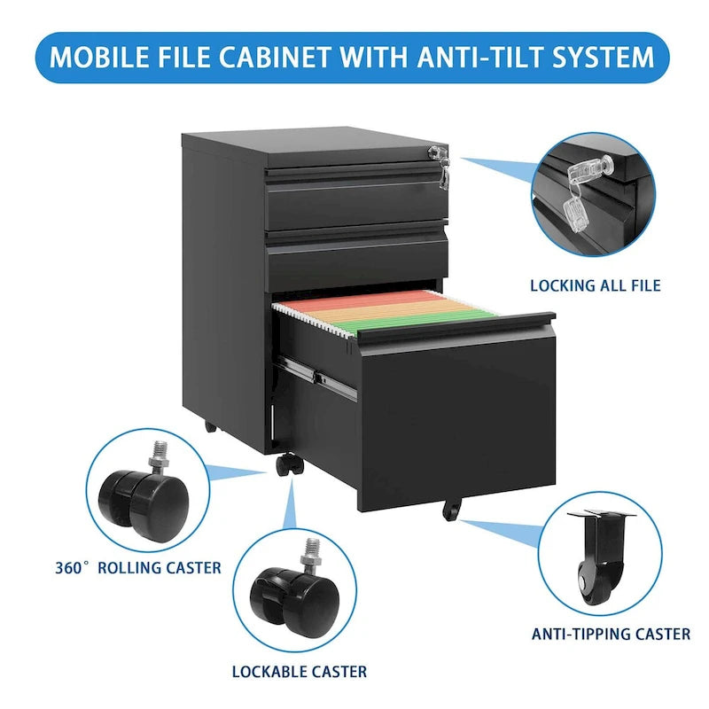 Caisson de bureau mobile 3 tiroirs avec serrure, classeur métallique pour organisation de bureau à domicile, format lettre/légal/A4, entièrement assemblé