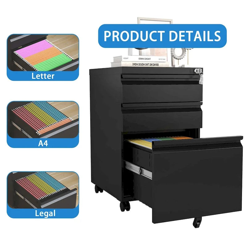 Caisson de bureau mobile 3 tiroirs avec serrure, classeur métallique pour organisation de bureau à domicile, format lettre/légal/A4, entièrement assemblé