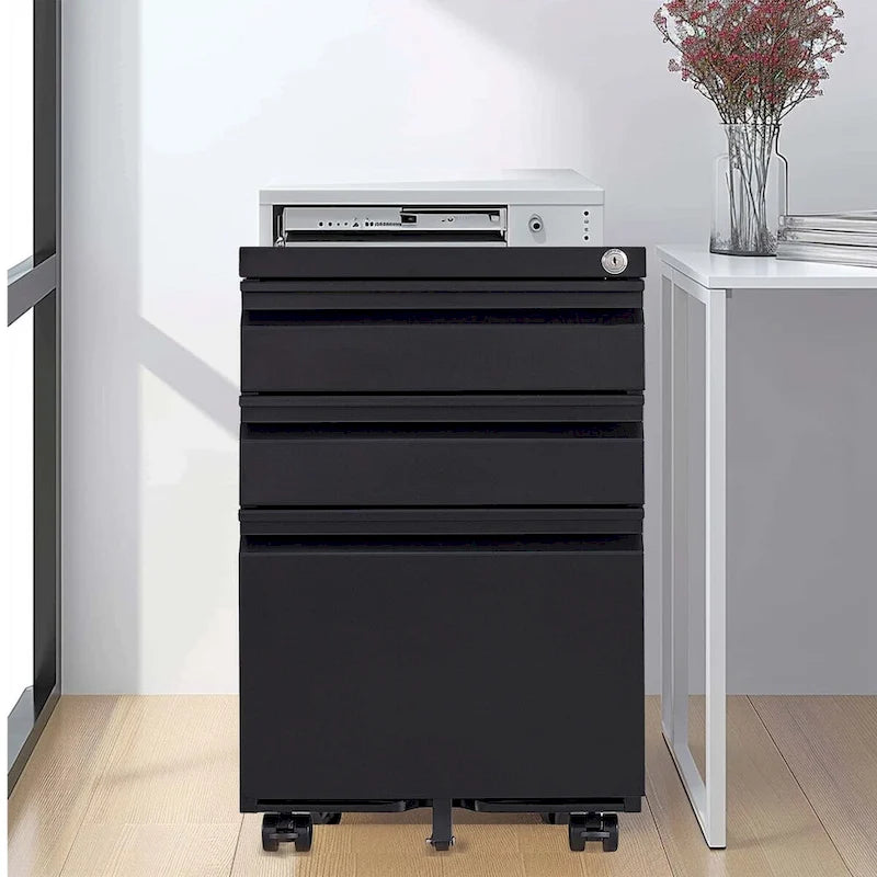 Caisson de bureau mobile 3 tiroirs avec serrure, classeur métallique pour organisation de bureau à domicile, format lettre/légal/A4, entièrement assemblé