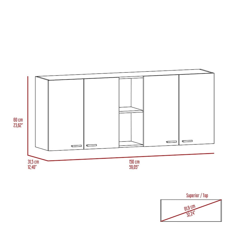 Armoire de rangement murale à deux portes, avec deux étagères extérieures et deux étagères intérieures