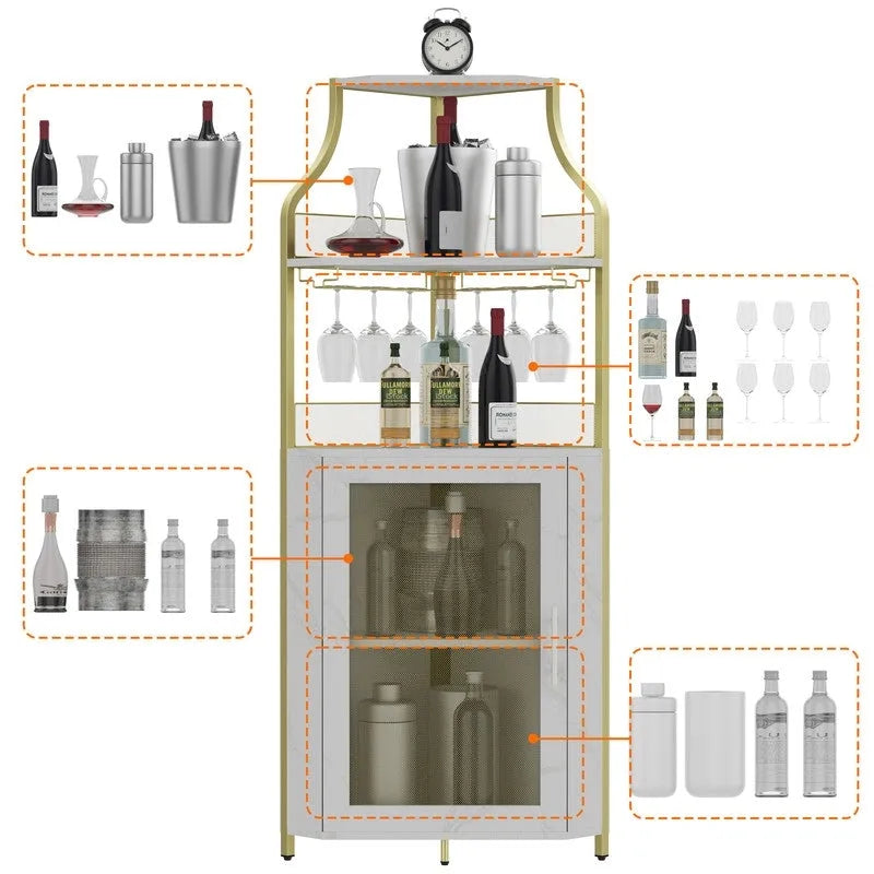 Casier à vin d'angle rustique sur pied avec rangement pour bouteilles et verres