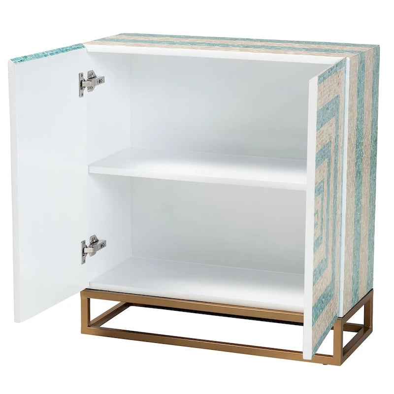 Meuble de rangement moderne bohème bicolore beige et bleu en nacre et métal doré