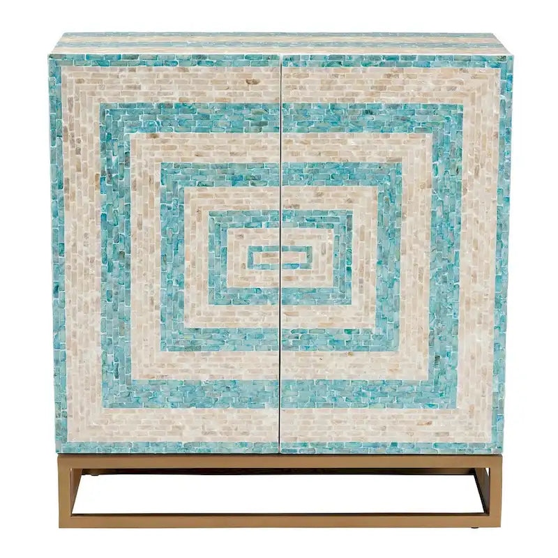 Meuble de rangement moderne bohème bicolore beige et bleu en nacre et métal doré