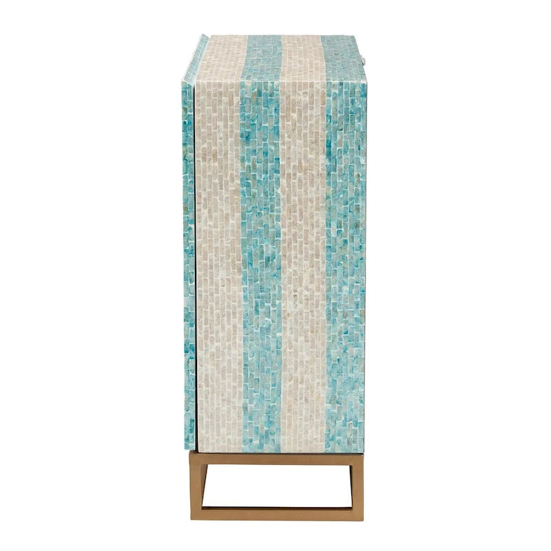 Meuble de rangement moderne bohème bicolore beige et bleu en nacre et métal doré