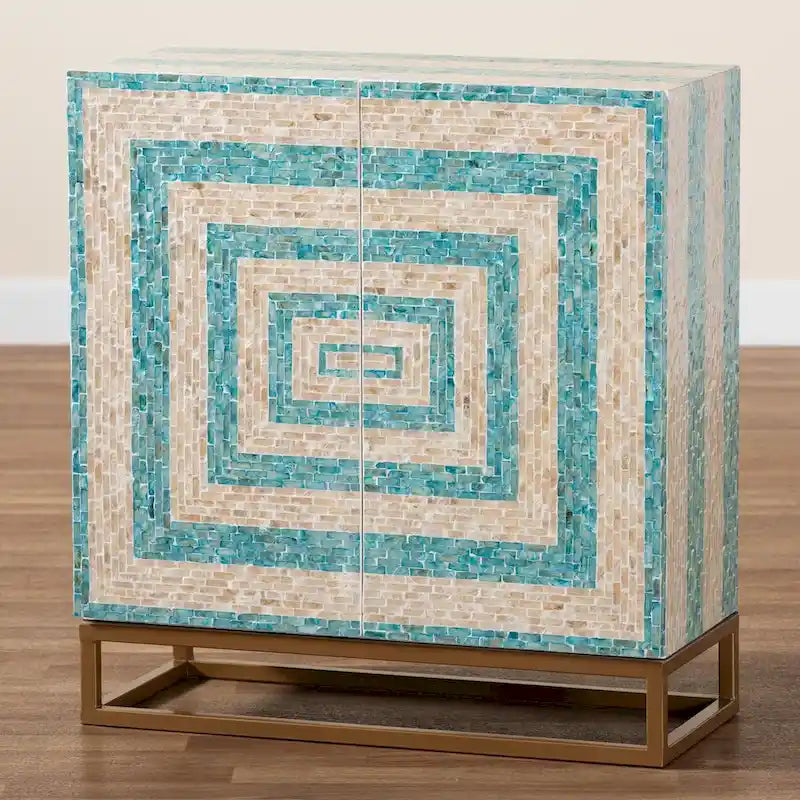 Meuble de rangement moderne bohème bicolore beige et bleu en nacre et métal doré