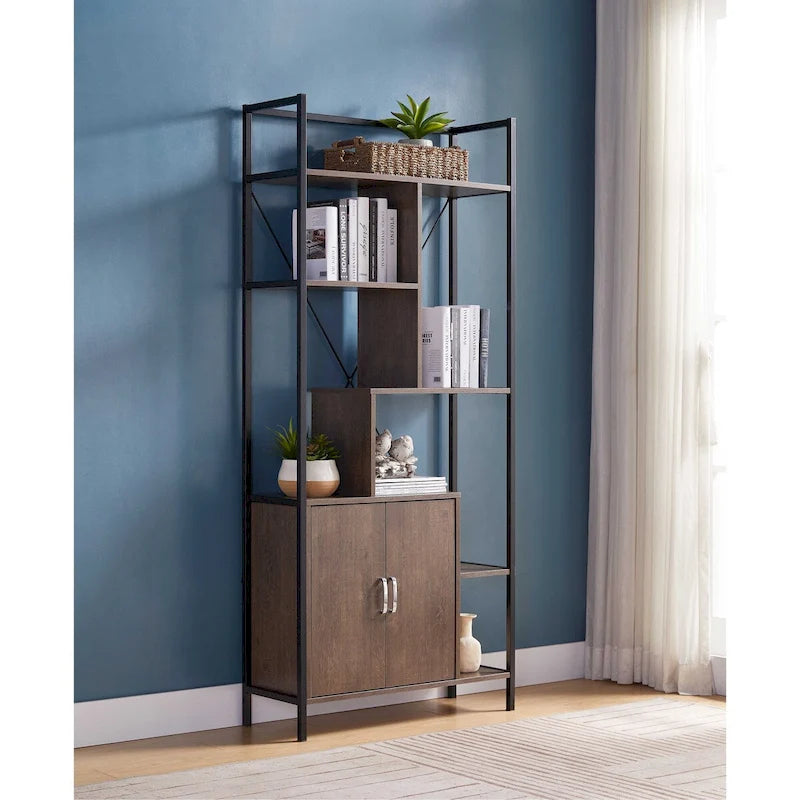 Bibliothèque moderne à six étagères avec armoire de rangement à deux portes et deux étagères