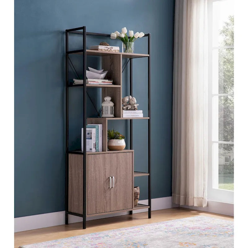 Bibliothèque moderne à six étagères avec armoire de rangement à deux portes et deux étagères