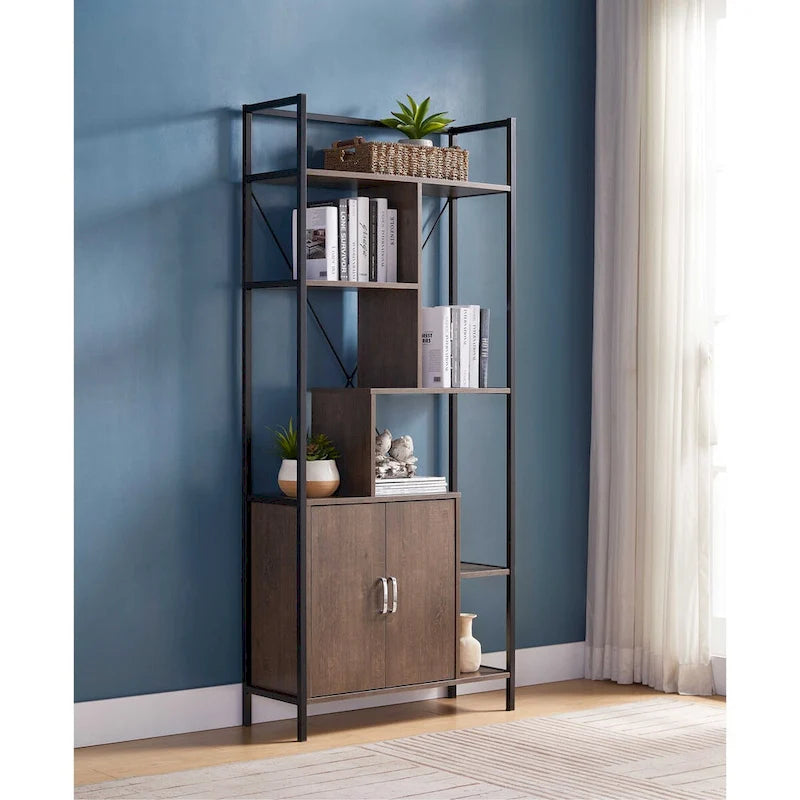 Bibliothèque moderne à six étagères avec armoire de rangement à deux portes et deux étagères
