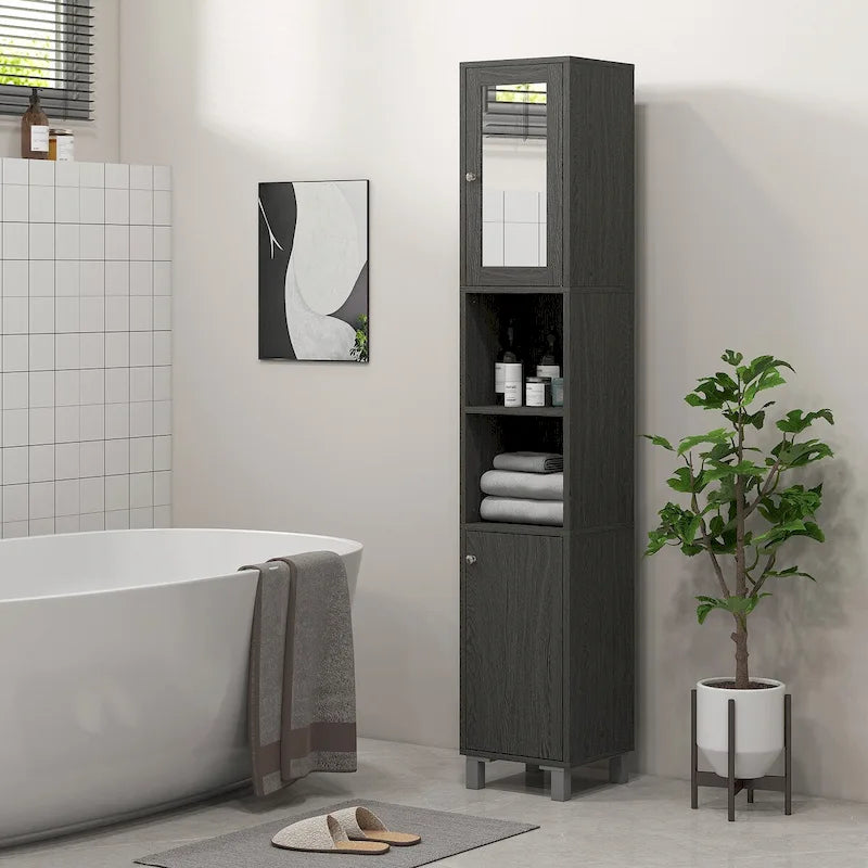 Meuble de rangement haut de salle de bain avec miroir, colonne de rangement autoportante en bois avec étagères réglables pour salle de bain