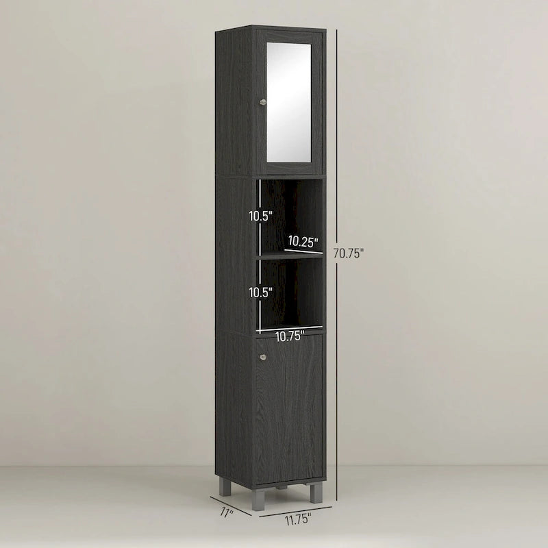 Meuble de rangement haut de salle de bain avec miroir, colonne de rangement autoportante en bois avec étagères réglables pour salle de bain