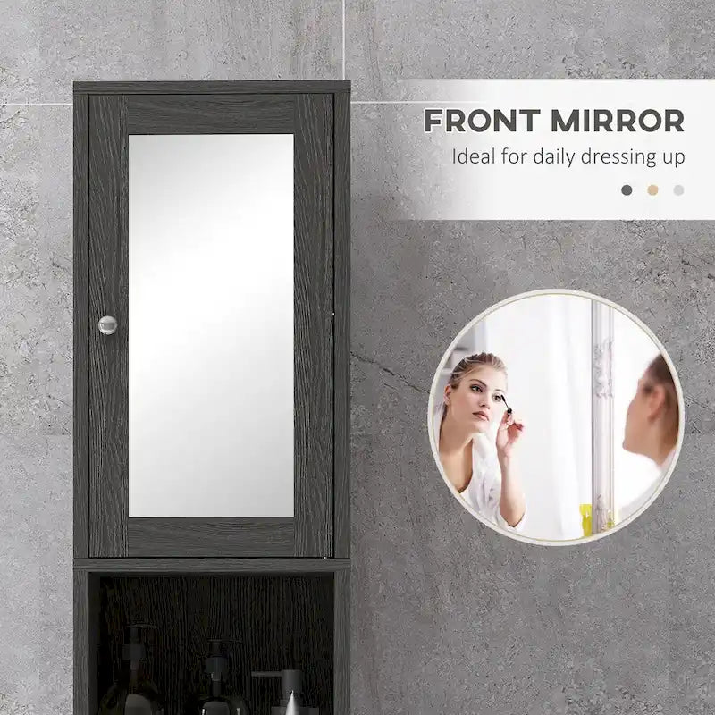 Meuble de rangement haut de salle de bain avec miroir, colonne de rangement autoportante en bois avec étagères réglables pour salle de bain