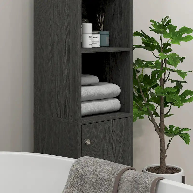Meuble de rangement haut de salle de bain avec miroir, colonne de rangement autoportante en bois avec étagères réglables pour salle de bain