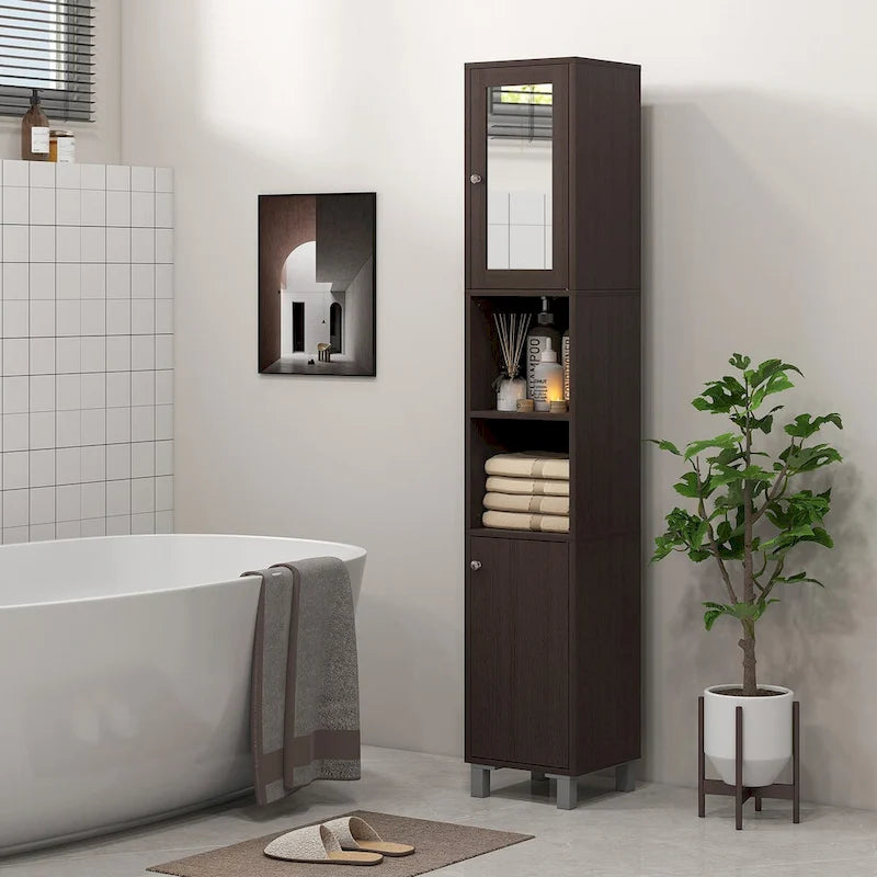 Meuble de rangement haut de salle de bain avec miroir, colonne de rangement autoportante en bois avec étagères réglables pour salle de bain