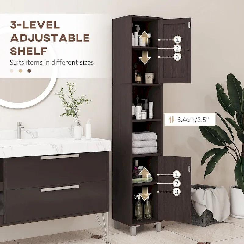 Meuble de rangement haut de salle de bain avec miroir, colonne de rangement autoportante en bois avec étagères réglables pour salle de bain