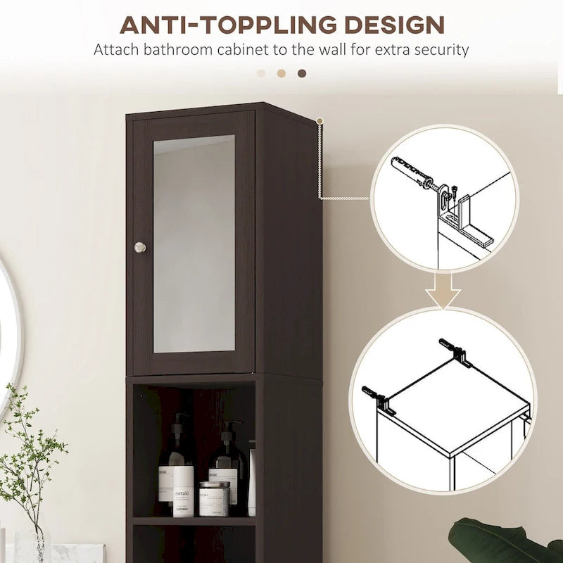 Meuble de rangement haut de salle de bain avec miroir, colonne de rangement autoportante en bois avec étagères réglables pour salle de bain