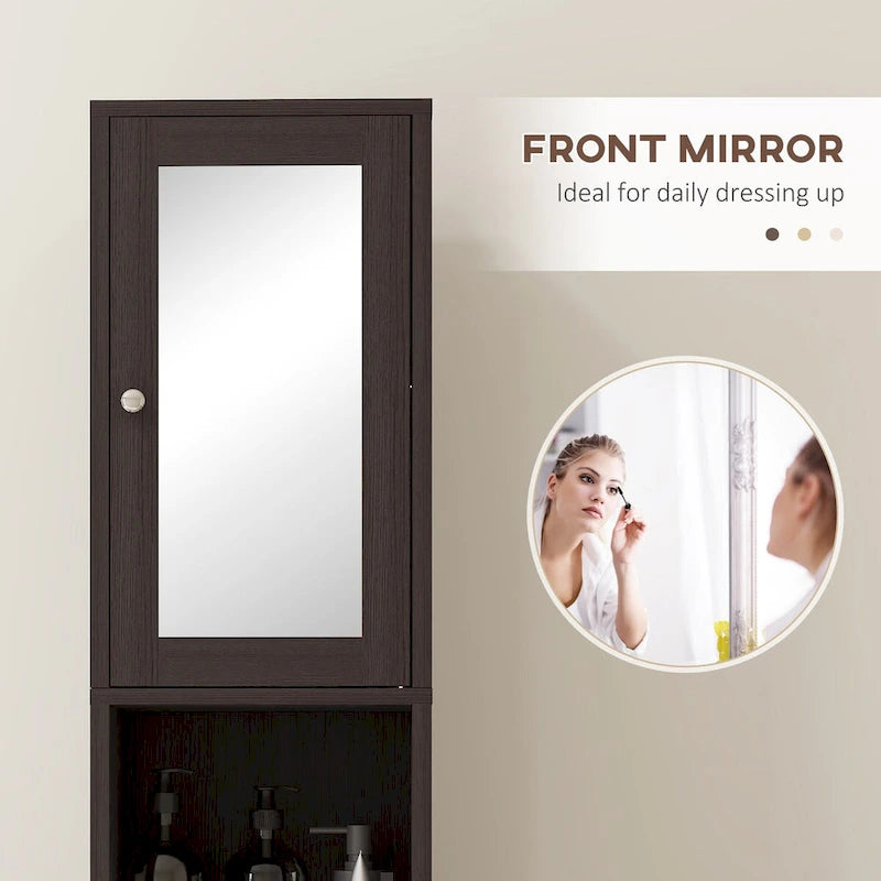 Meuble de rangement haut de salle de bain avec miroir, colonne de rangement autoportante en bois avec étagères réglables pour salle de bain