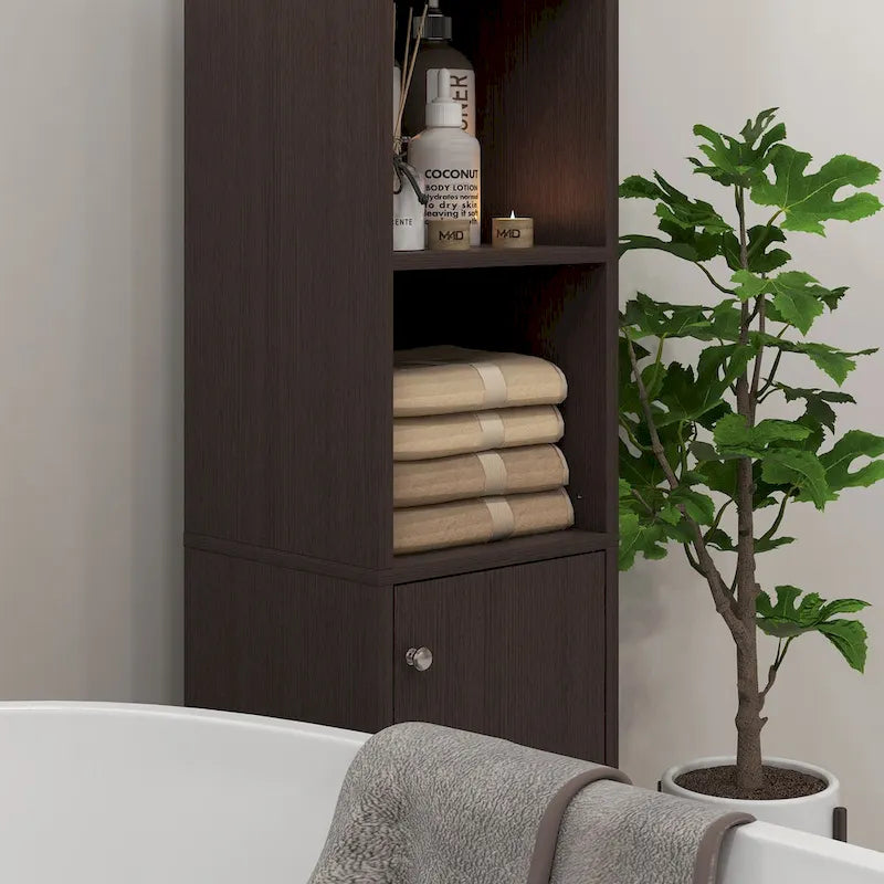 Meuble de rangement haut de salle de bain avec miroir, colonne de rangement autoportante en bois avec étagères réglables pour salle de bain