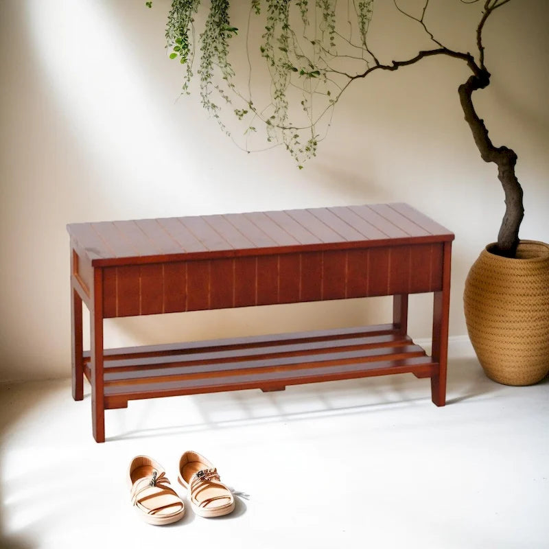 Banc d'entrée de qualité en bois massif avec rangement à abattant et assise rembourrée