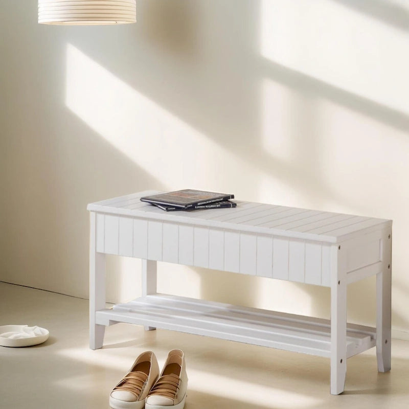 Banc d'entrée de qualité en bois massif avec rangement à abattant et assise rembourrée