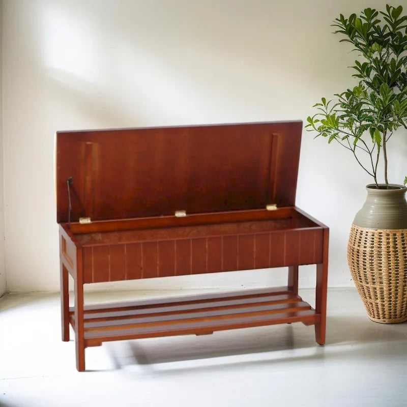 Banc d'entrée de qualité en bois massif avec rangement à abattant et assise rembourrée