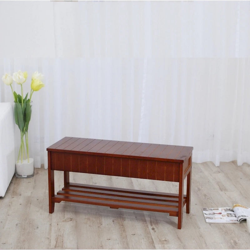 Banc d'entrée de qualité en bois massif avec rangement à abattant et assise rembourrée