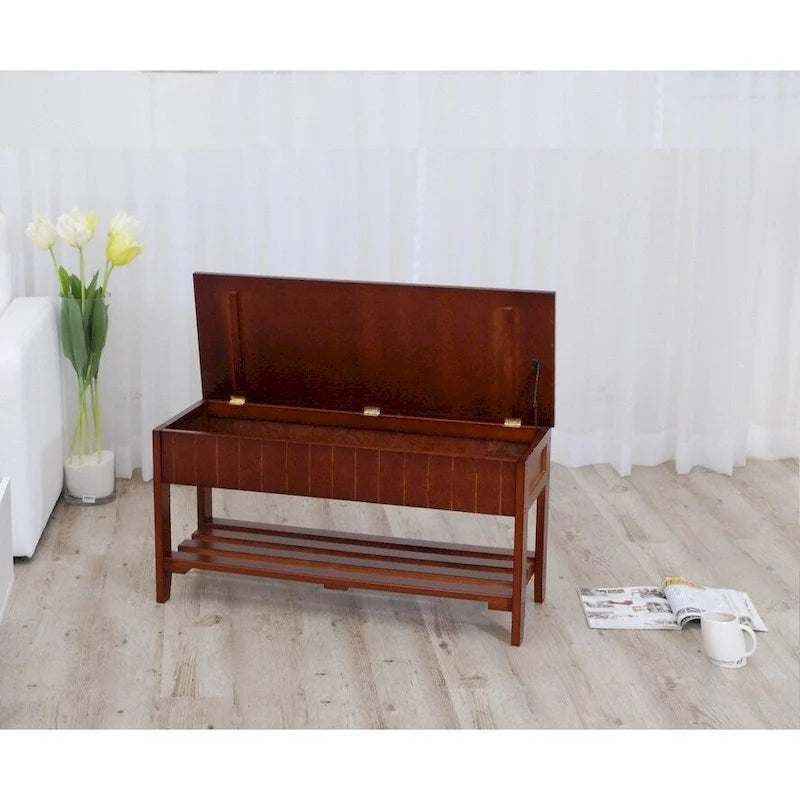 Banc d'entrée de qualité en bois massif avec rangement à abattant et assise rembourrée